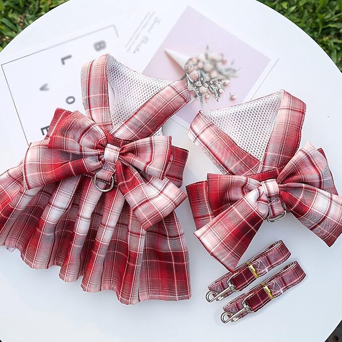 pet products Dog Dress Bowknot Harness Leash Set for Small Dogs Girl Cute Plaid Dog Dress Pearls Bow Tie Spring Summer Princess Clothes Birthday Holiday Doggie Outfits for Puppy Cats Girl Apparel - Image 7